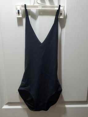 Navy Blue V-Neck Leotard With Strappy Back